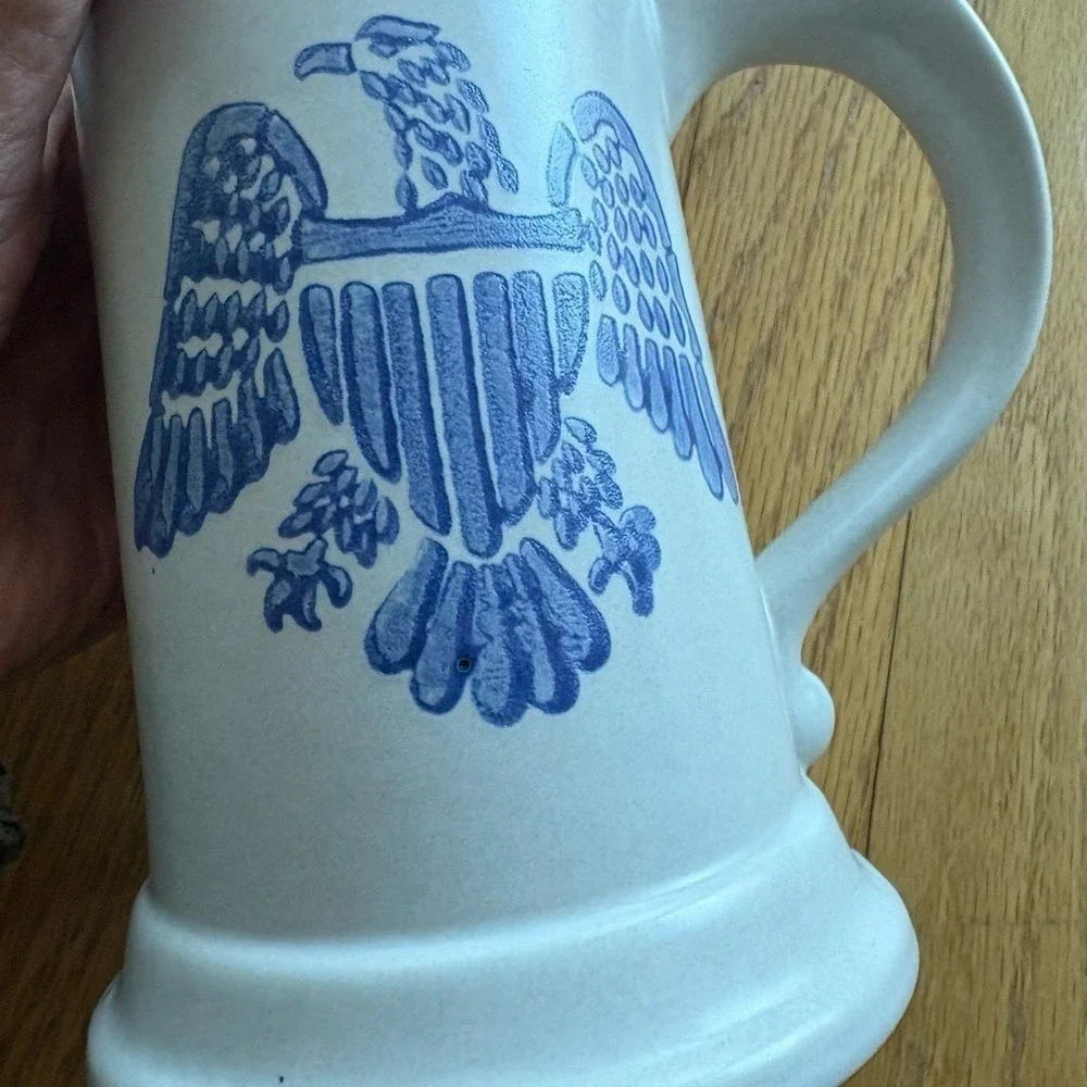 Vintage Americana Stoneware Tankard Mug Set of 4 Blue Eagle Colonial Patriotic B